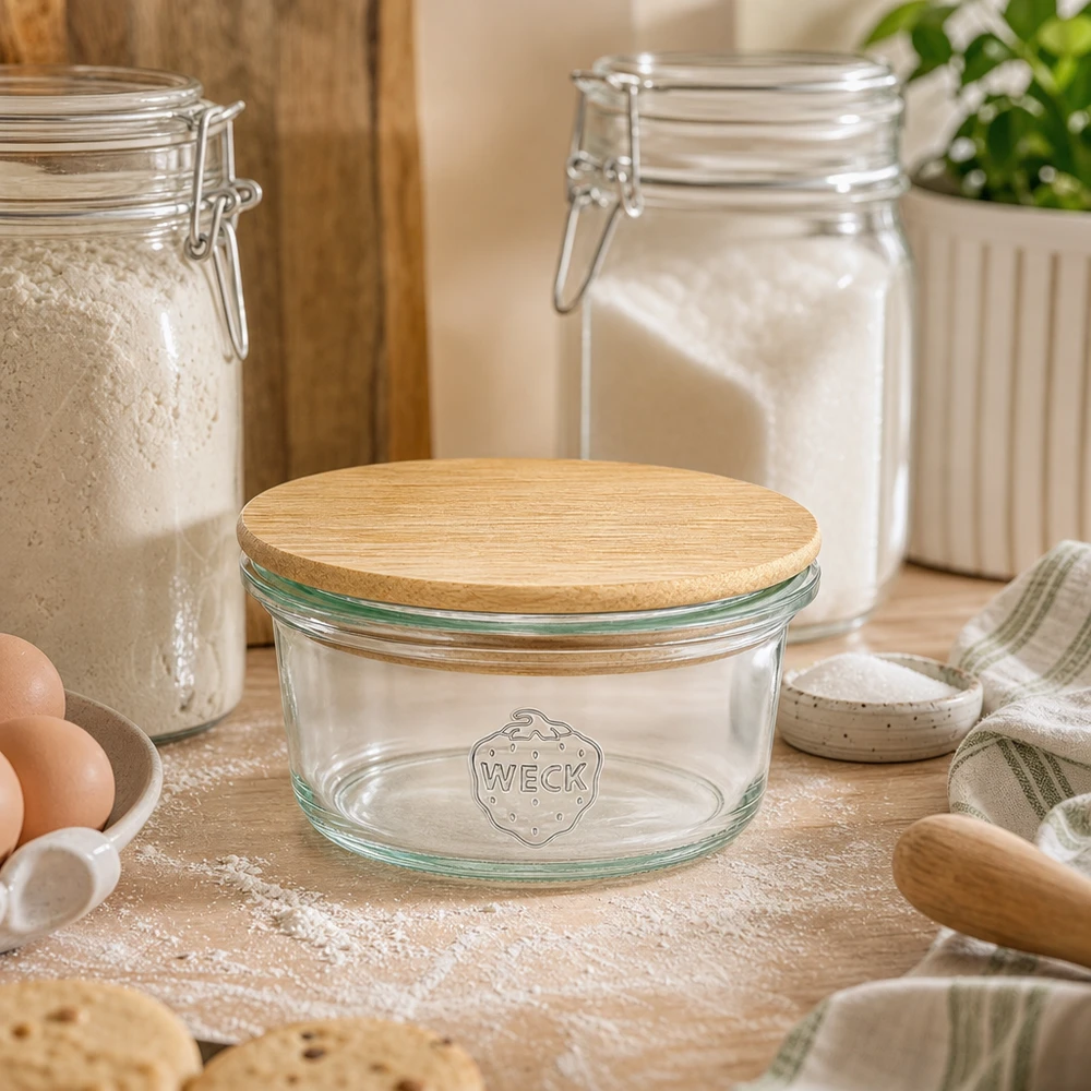 50ml miniaturní lahvička WECK RR60 s dřevěným víčkem WECK Mini Sturzglas 50ml mit Bambusdeckel in gemütlicher Backstube zwischen Mehl, Eiern und Backutensilien auf Holzbrett