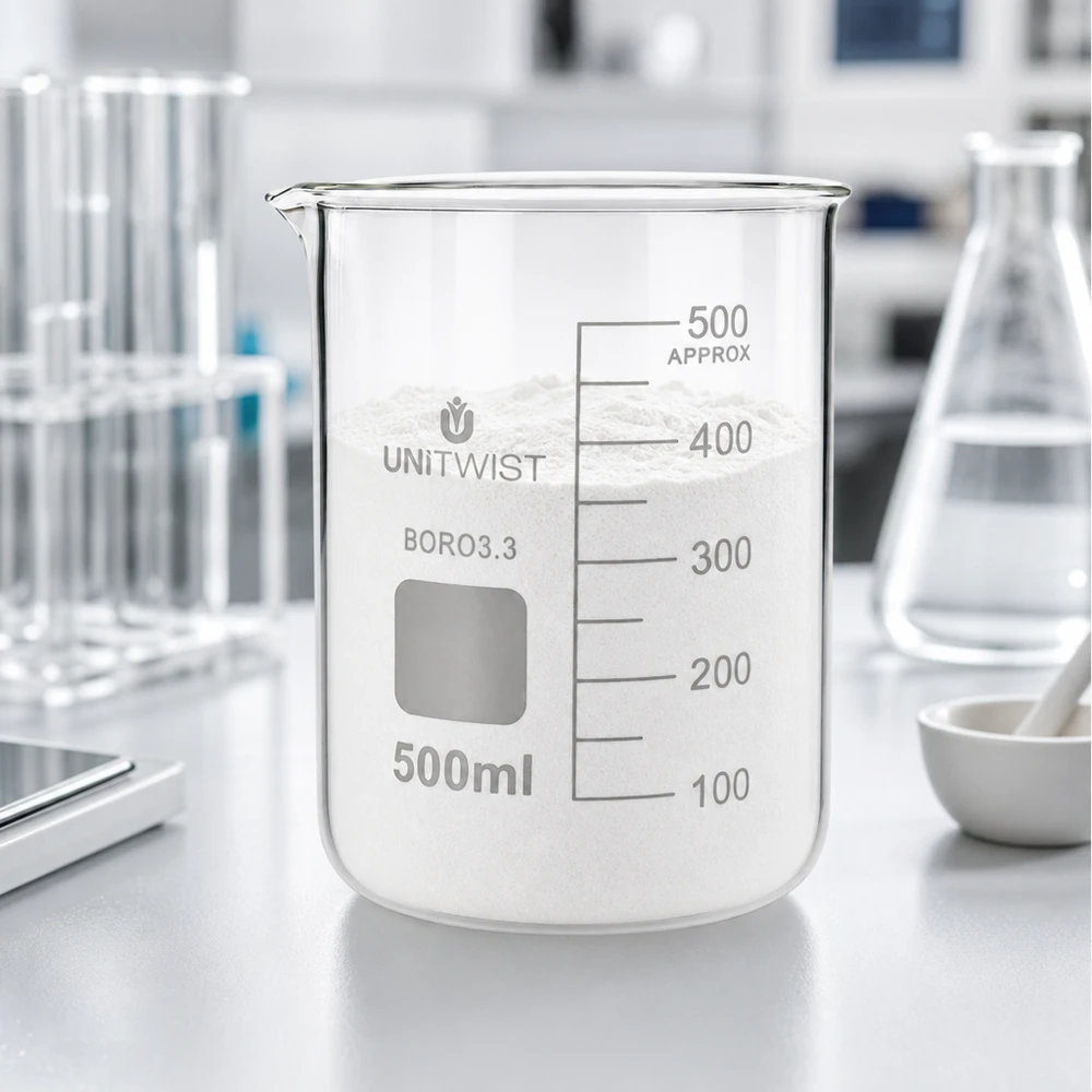 Kádinka 500 ml borosilikátová, nízká forma UNiTWIST UNiTWIST Borosilikat Becherglas 500ml niedrige Form mit weißem Laborpulver und Messskala