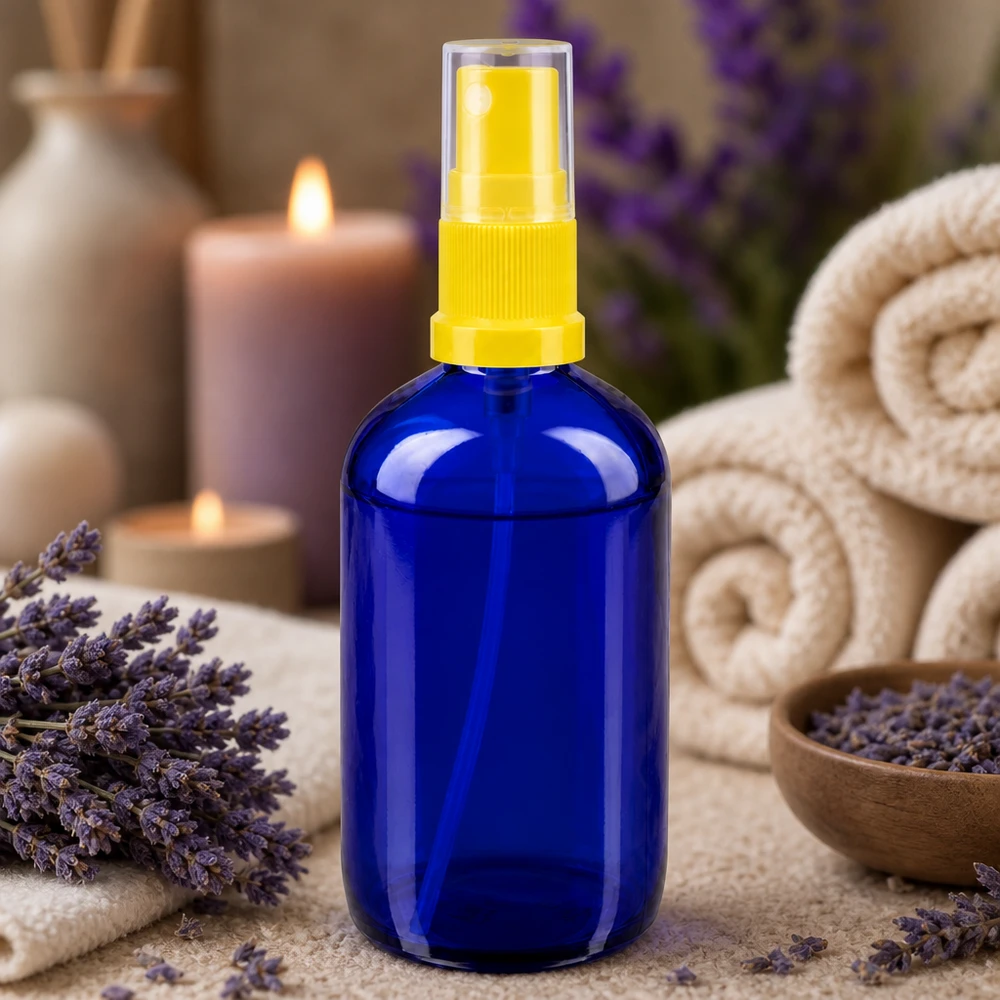 Apothekerglas Sprayflasche 100ml blau gelber Zerstäuberkopf für Hydrolate und Gesichtswasser
