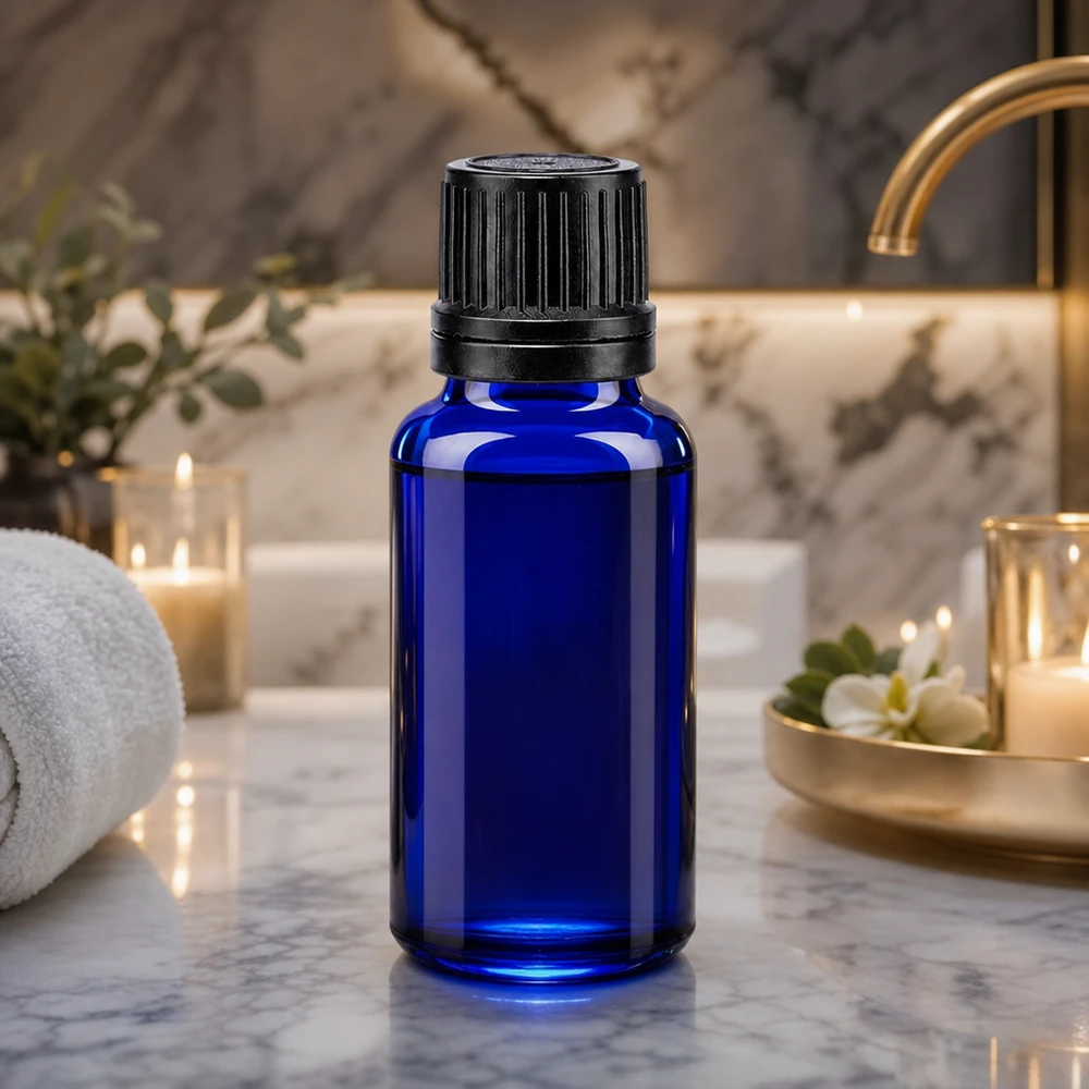 Lékárenská lahvička modrá 20ml kapátko bílé 0,8mm standardní Blaue 20ml Apothekerglasflasche mit weißem 0,9mm Tropfeinsatz für empfindliche Wirkstoffe