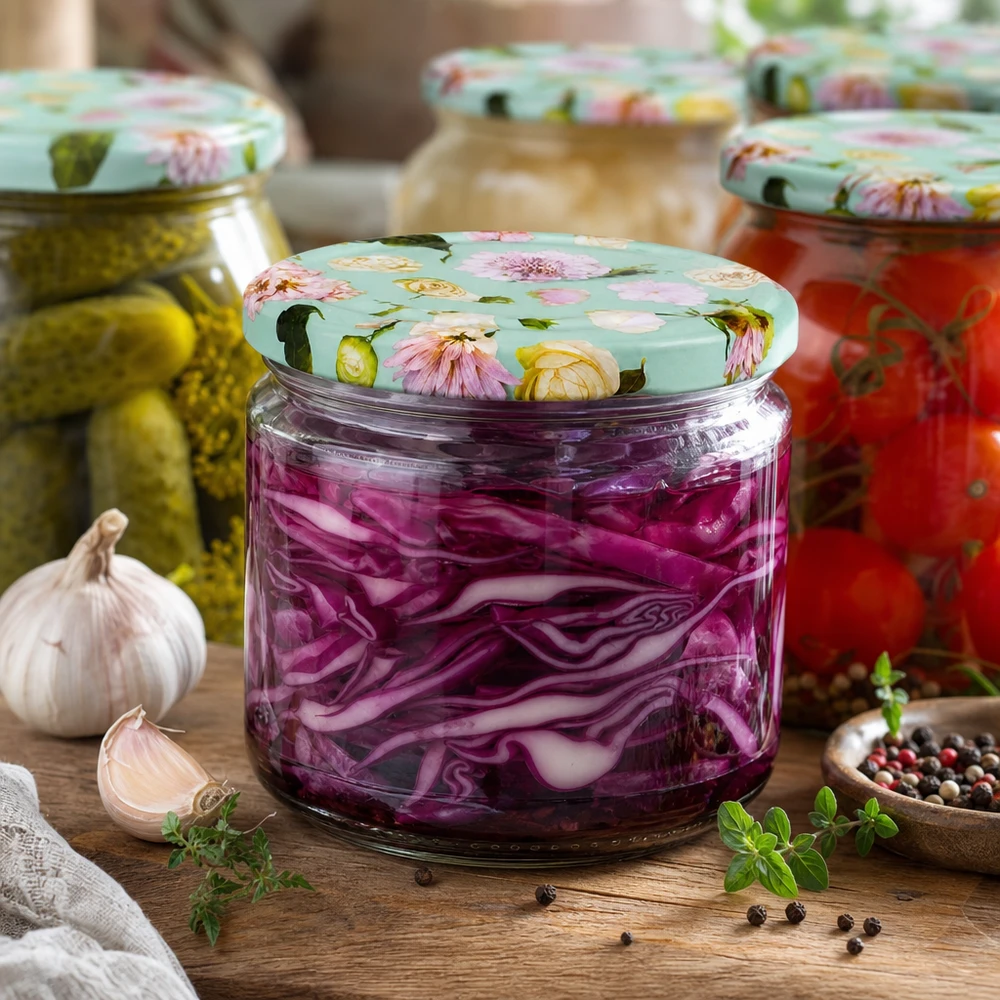 330ml kulatá sklenice + víčko BasicSeal flower mint UNiTWIST Fermentiertes Rotkraut in 330ml Rundglas mit floralem BasicSeal Deckel mint neben eingelegten Gurken und Tomaten