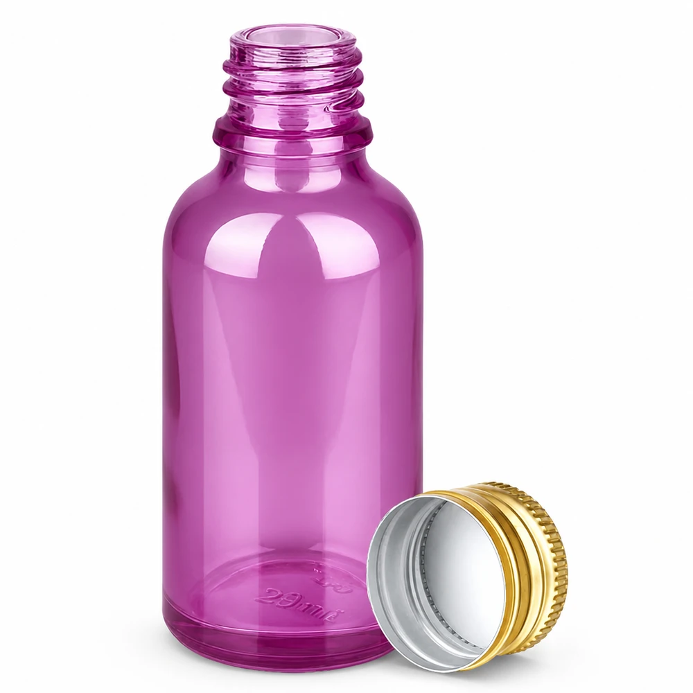 30ml lahvička PurpleLine s 11mm hliníkovým šroubovacím uzávěrem zlaté standardní barvy. UT18/30 30ml Apothekerflasche aus violettem Glas mit goldenem Schraubverschluss für pharmazeutische Anwendungen