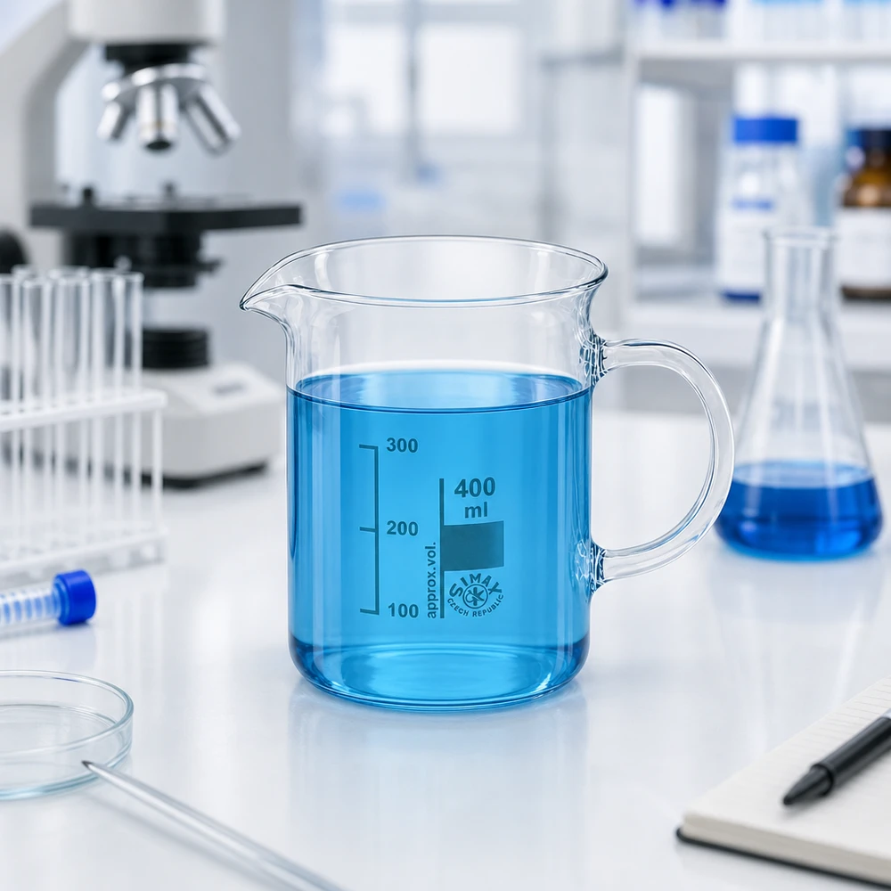 Kádinka z borosilikátového skla o objemu 400 ml, s rukojetí Transparentes Laborglas 400ml mit Henkel und Skala für präzises Abmessen