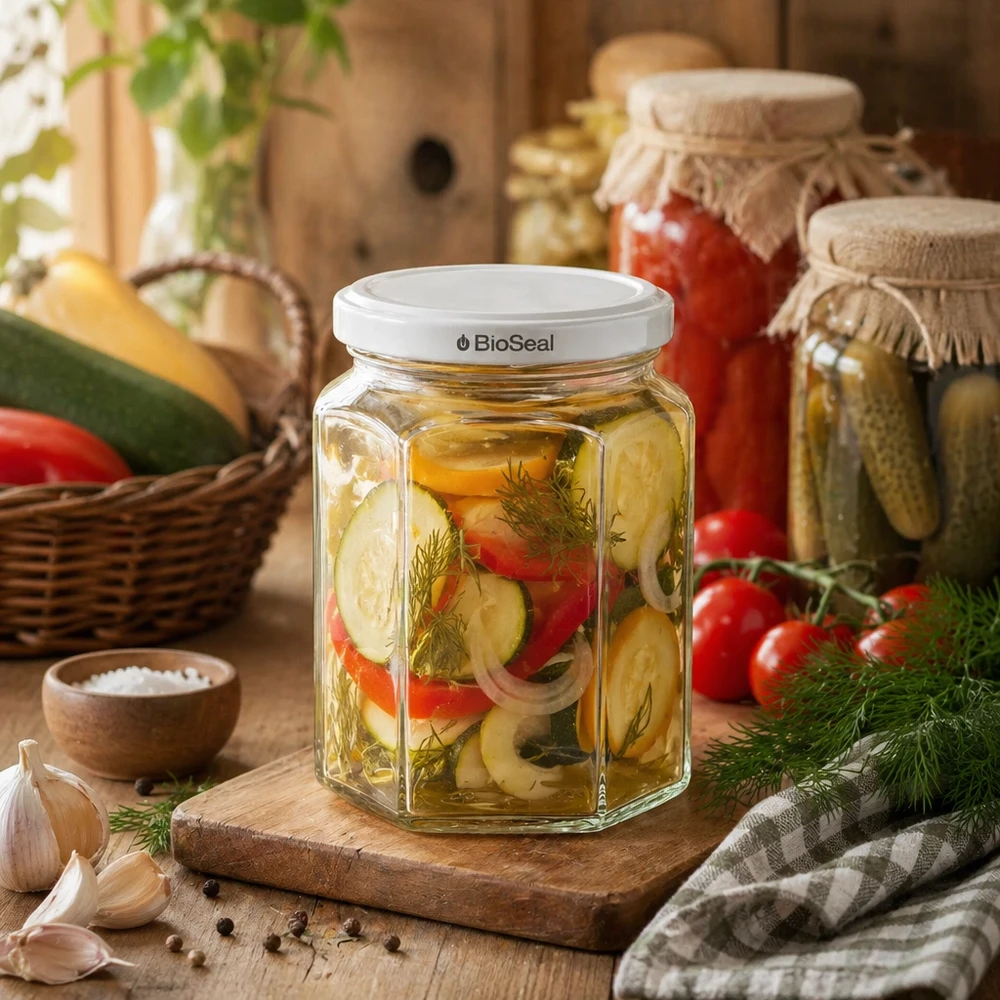 Sklenice Hexa o objemu 288 ml s bílým víčkem BioSeal UNiTWIST UNiTWIST Hexa288 sechseckiges Einmachglas mit Mixed Pickles gefüllt auf Holzbrett in rustikaler Küche