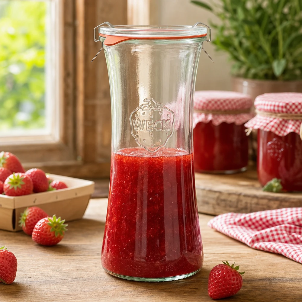 700ml lahůdková sklenice kompletní WECK RR80 WECK RR80 700ml Delikatessenglas gefüllt mit Erdbeermarmelade, Einmachglas mit Bügelverschluss in Küchenszene