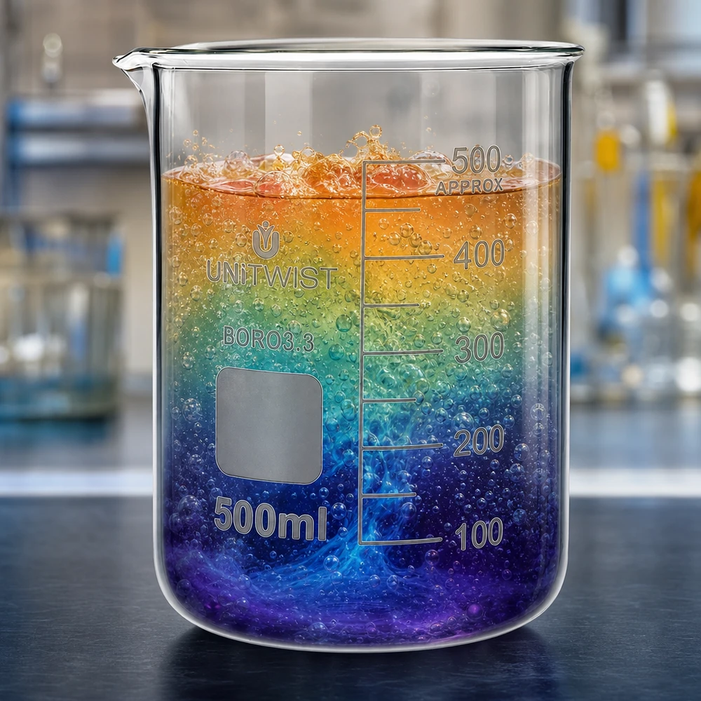 Kádinka 500 ml borosilikátová, nízká forma UNiTWIST Reagenzglas-Alternatve UNiTWIST Becherglas 500ml niedrige Form mit violett-orange Farbverlauf