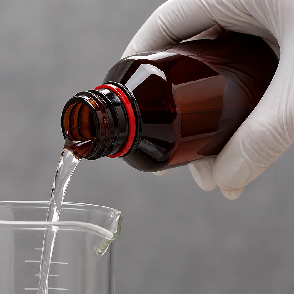 PET láhev 750ml s bílým/červeným uzávěrem s možností manipulace s ním. Laborant v bílých rukavicích nalévá čirou tekutinu z hnědé PET láhve o objemu 750 ml do kádinky