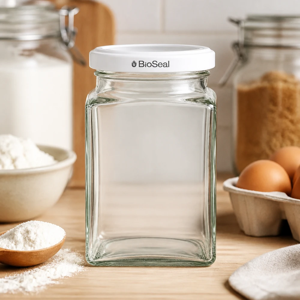 260ml tetra sklenice + víčko BioSeal bílé UNiTWIST UNiTWIST Tetra260 Glasdose leer auf Holzbrett Küche Backzutaten Eier Mehl weißer TO58 BioSeal Deckel Backen