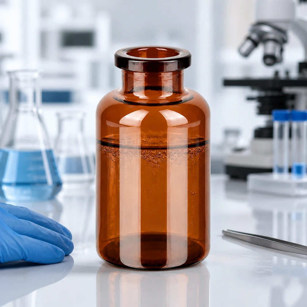 Injekční lahvička z jantarového skla 20ml Lichtschützende Braunglas Injektionsflasche 20ml neben Mikroskop und Laborhandschuhen