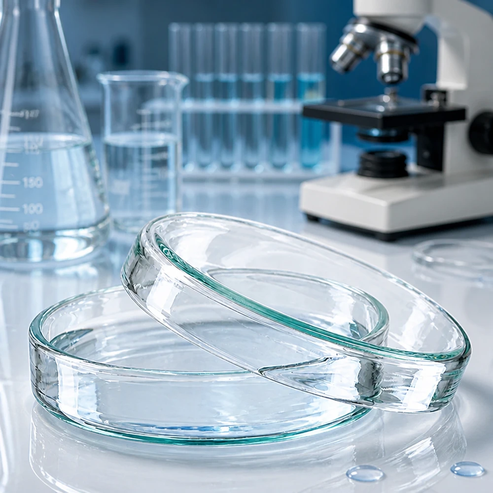 Petriho miska o průměru 60 mm z čirého laboratorního skla pro kultivaci mikroorganismů a buněčných kultur. Výška 15 mm Klassische Laborpetrischale aus klarem Glas 60x15 mm wiederverwendbar und autoklavierbar