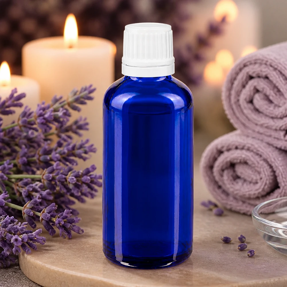 50ml Glasflasche in dunklem Blau mit weißem OV Verschluss für Aromatherapie Produkte
