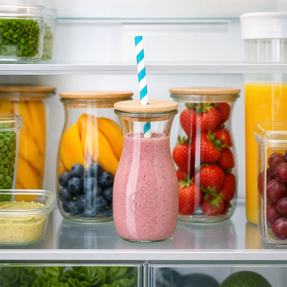 6 x 290ml láhev na šťávu WECK RR60 s dřevěným víčkem a 100 eco S WECK Saftflasche 290ml mit Erdbeer-Smoothie im Kühlschrank zwischen frischen Früchten Holzdeckel Papierstrohhalm