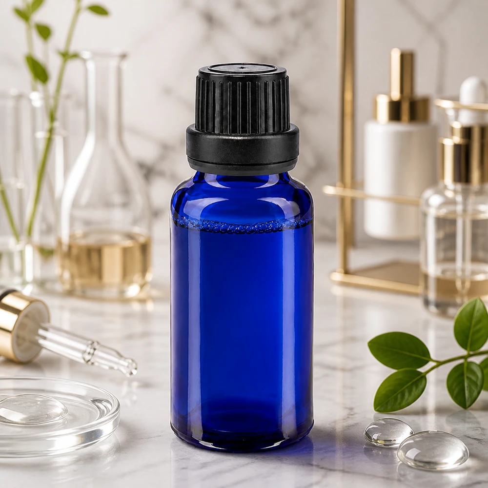 Hochwertige blaue Glasflasche 20ml mit Sicherheitsverschluss für Naturkosmetik Herstellung