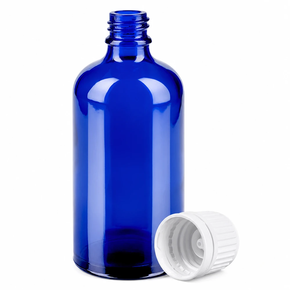 100ml láhev 11mm šroubovací uzávěr bílý tamper evidentní uzávěr BlueLine UT18/100 Hochwertige 100ml Glasflasche blau 11mm Schraubverschluss weiss OV BlueLine UT18