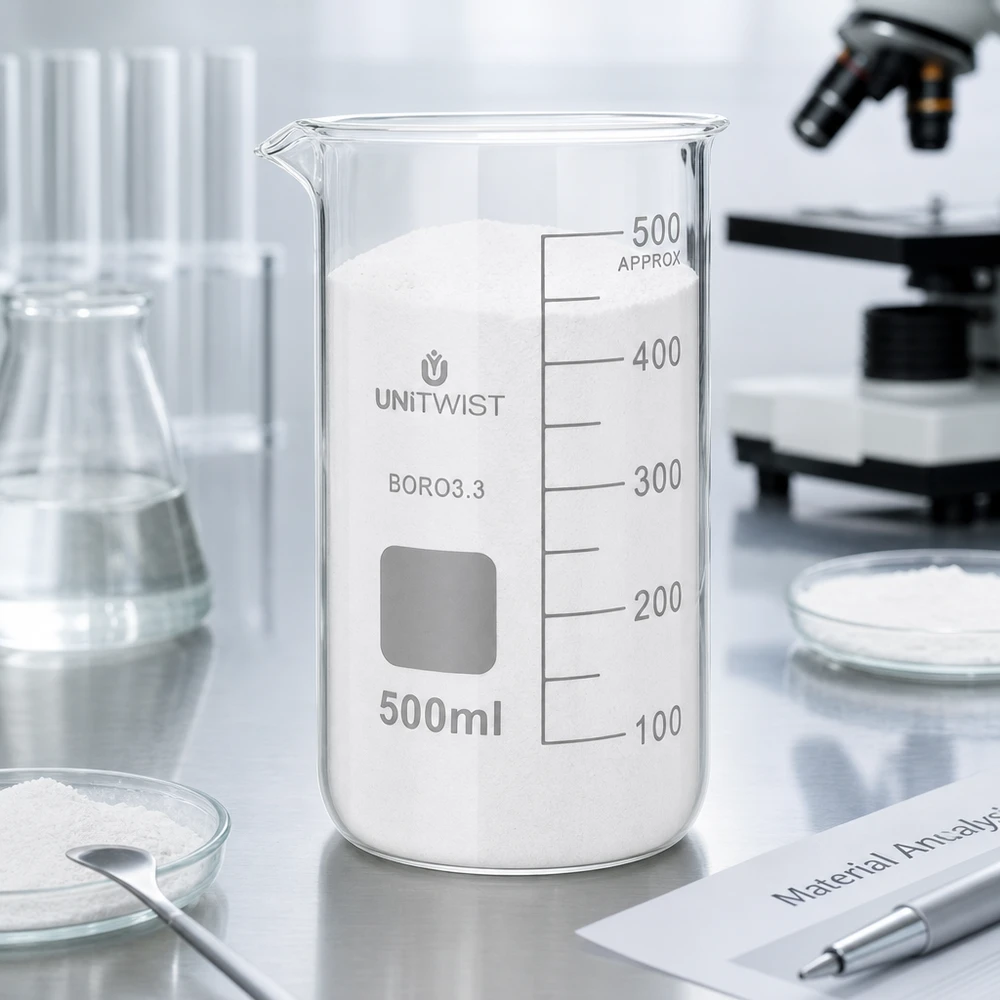 Kádinka 500 ml borosilikátová, vysoká forma UNiTWIST Laborbecherglas hohe Form 500ml aus Borosilikat mit weißem Analysematerial befüllt