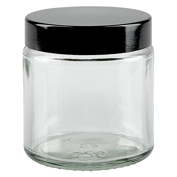 Skleněná sklenice 120 ml. čirá, s černým bakelitovým víčkem ApoGlas Skleněná sklenice 120 ml. čirá, s černým bakelitovým víčkem ApoGlas
