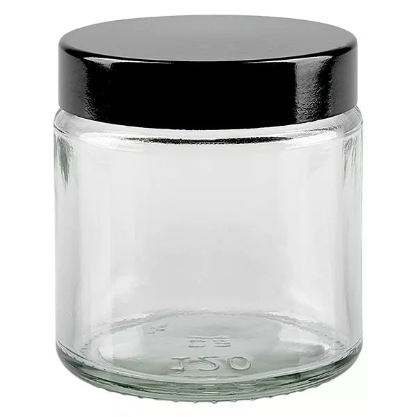 Skleněná sklenice 120 ml. čirá, s černým bakelitovým víčkem ApoGlas Skleněná sklenice 120 ml. čirá, s černým bakelitovým víčkem ApoGlas