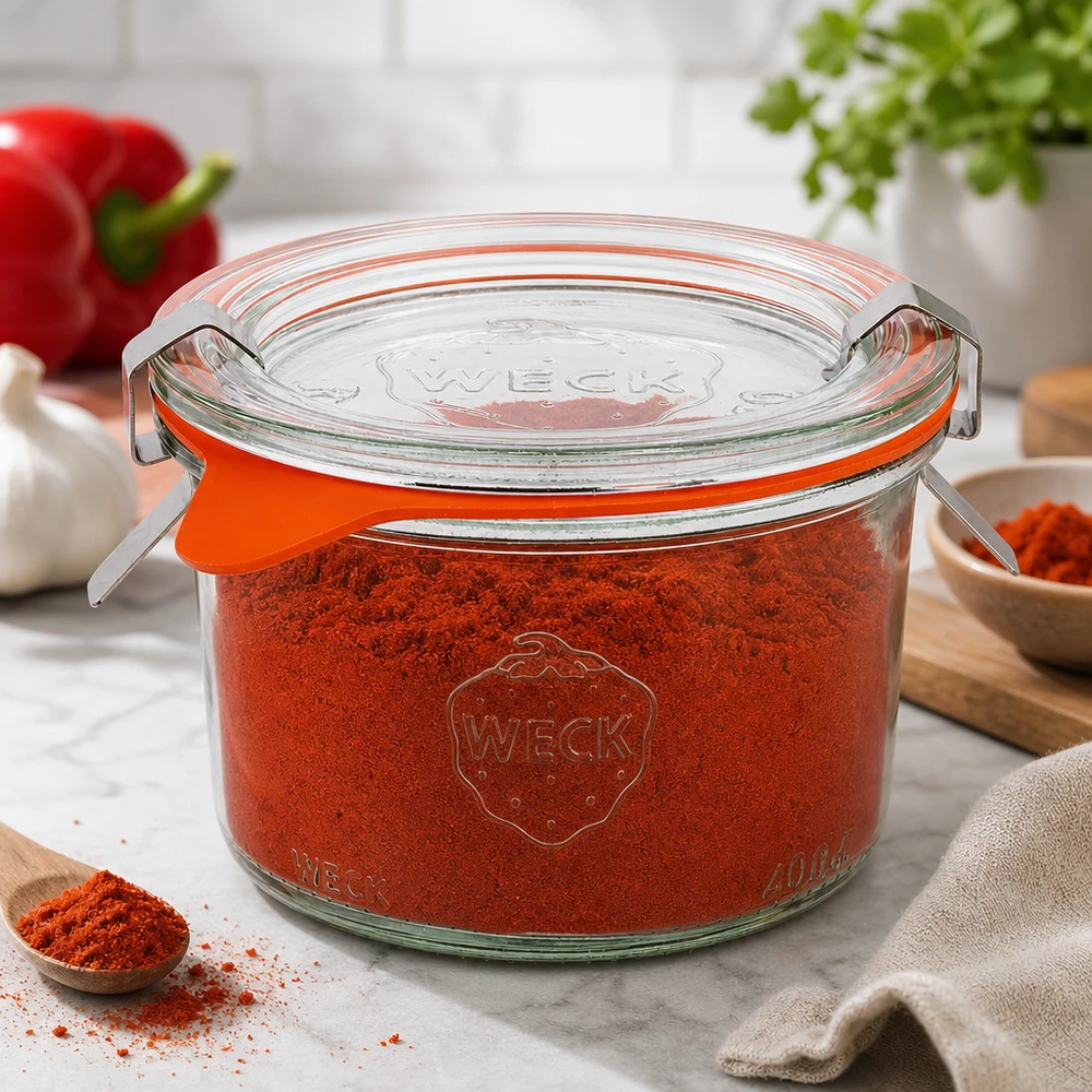 Kompletní 200ml sklenice se svěžestí WECK RR80 WECK Sturzglas 200ml RR80 mit Paprikapulver befüllt zeigt perfekte Gewürzaufbewahrung in moderner Küche