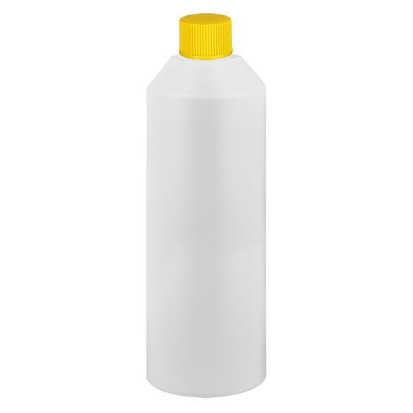 Lékárenská láhev HDPE 250ml bílá, se žlutým šroubovacím uzávěrem Lékárenská láhev HDPE 250ml bílá, se žlutým šroubovacím uzávěrem