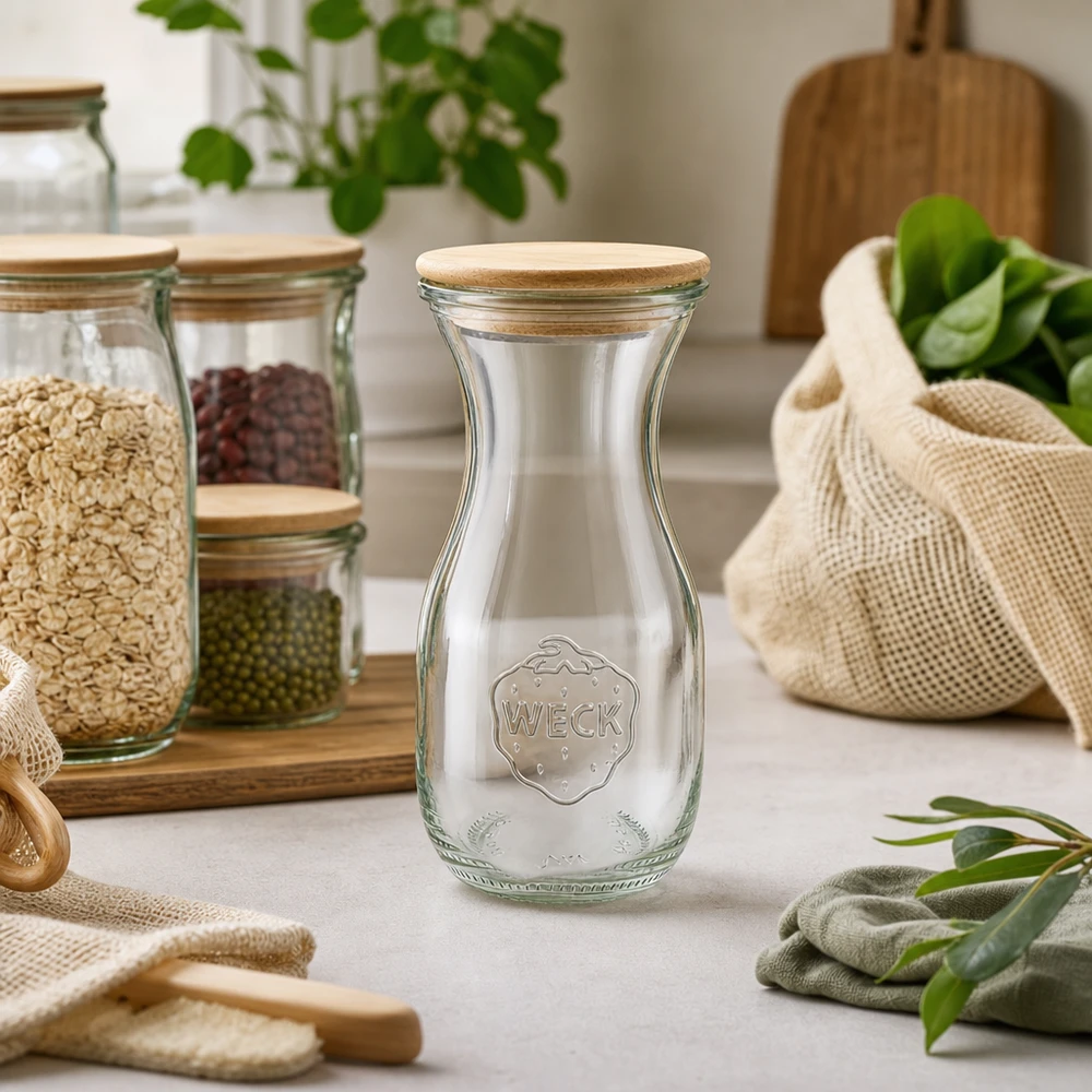 WECK Saftflasche 290ml mit Holzdeckel in Zero-Waste Küche mit Vorratsgläsern und Jutebeuteln