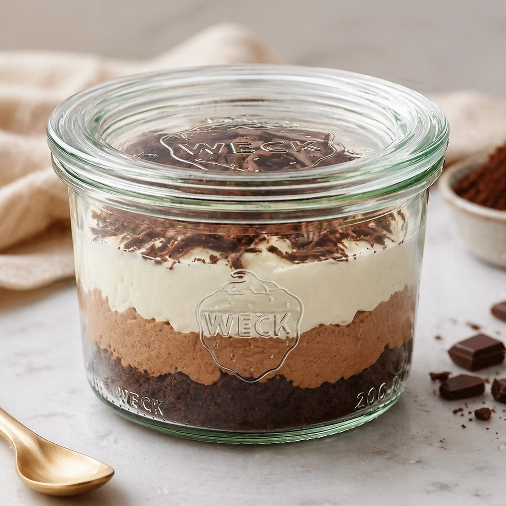 WECK Sturzglas 200ml RR80 mit Schichtdessert befüllt zeigt vielseitige Verwendung als Dessertglas und Servierschale