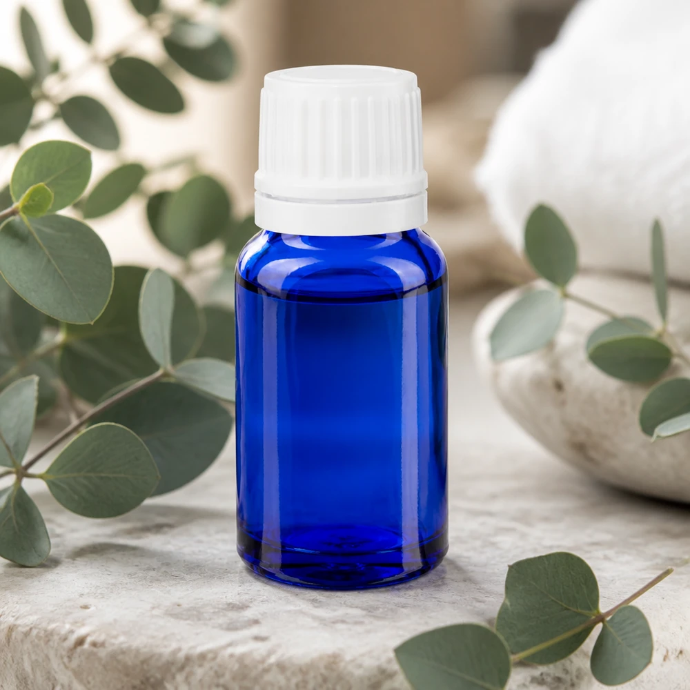 Lékárenská láhev modrá 10ml šroubovací uzávěr bílý uzávěr proti neoprávněné manipulaci. Apothekerglas blau 10ml schlanke Form mit weißem Verschluss ideal für Öle und Tinkturen