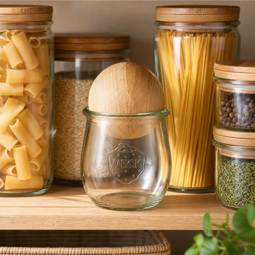 220ml tulipánová sklenice WECK RR60 s dřevěnou kuličkou buk WECK Tulpenglas 220ml RR60 mit Buchenkugel-Deckel in moderner Vorratsküche neben Pasta und Gewürzgläsern