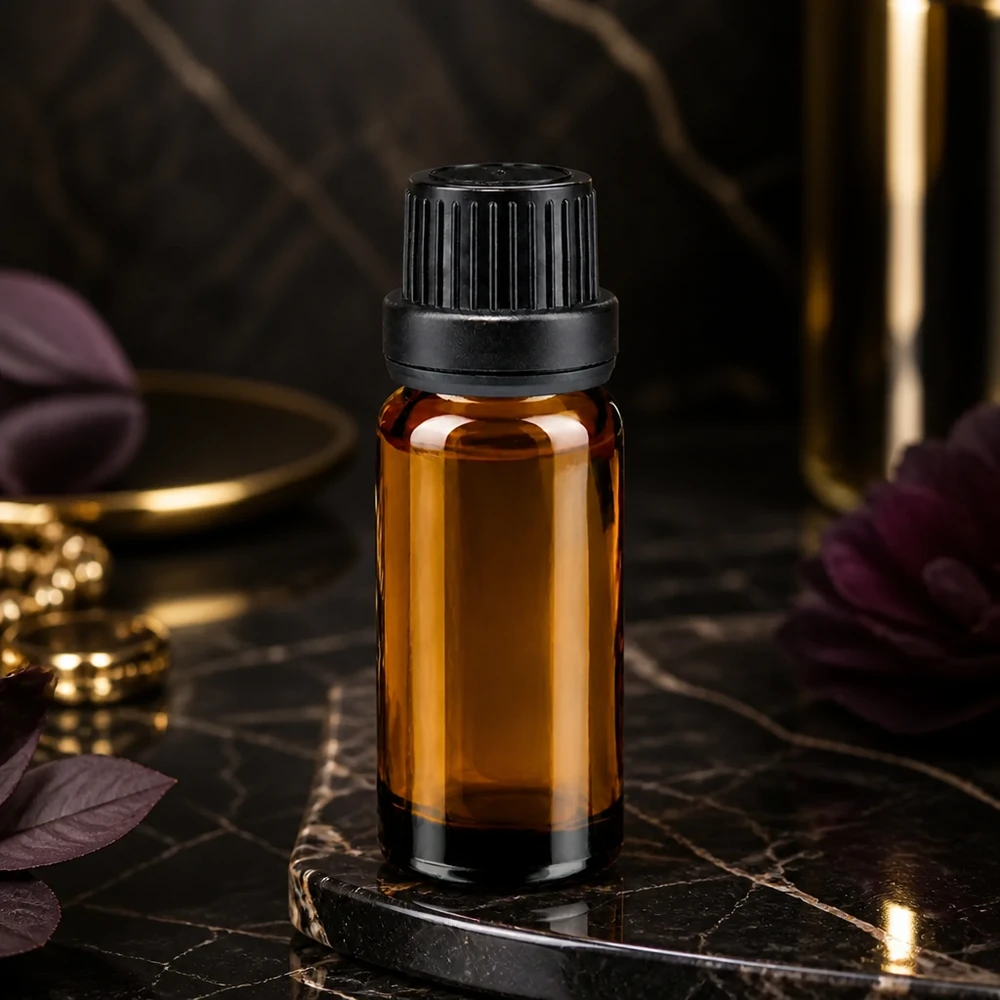 Lékárenská láhev hnědá 10ml kapátko s nalévacím kroužkem 2mm černý tamper evidentní uzávěr Pharmazeutische Braunglasflasche 10ml mit schwarzem Schraubverschluss für Naturkosmetik