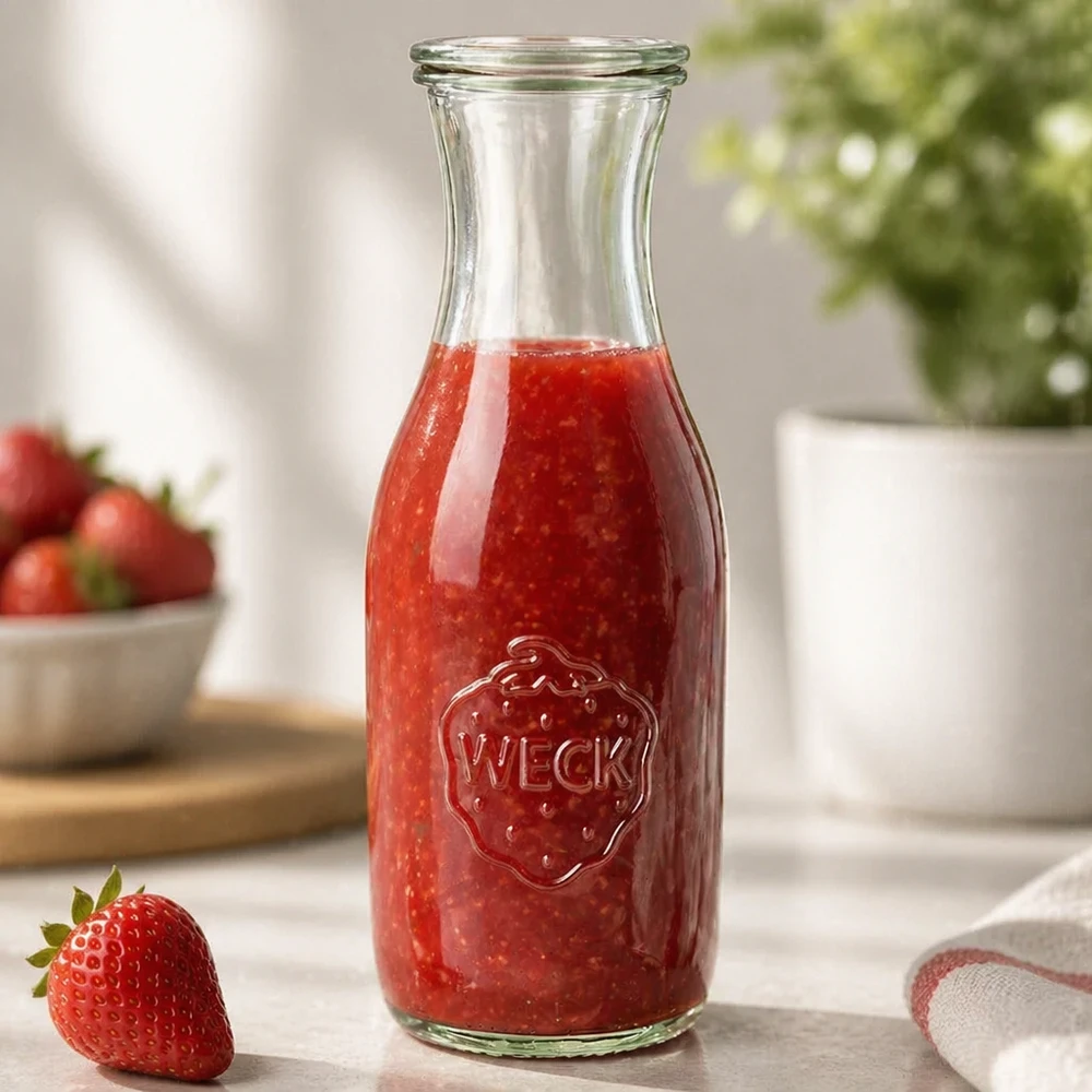 1062ml láhev na šťávu se skleněným víčkem WECK RR60 WECK Saftflasche 1062ml gefüllt mit frischem Erdbeersaft auf Küchentheke neben einzelner Erdbeere und Pflanze