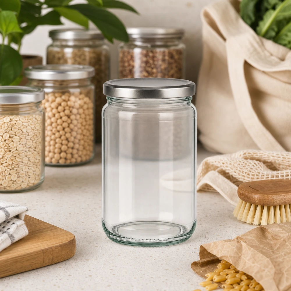 305ml kulatá skleněná nádoba s víčkem BasicSeal stříbrná UNiTWIST. 305ml Rundglas leer mit BasicSeal Deckel in nachhaltiger Zero Waste Küche mit Vorratsgläsern und Öko-Produkten