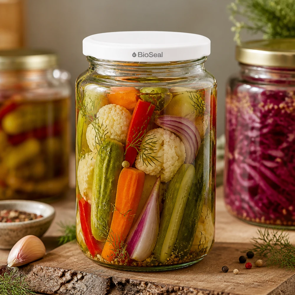 UNiTWIST Runda382 s bílým víčkem TO66 BioSeal UNiTWIST Runda382 Glas gefüllt mit eingelegtem Gemüse - Mixed Pickles in Einmachglas mit weißem BioSeal Deckel