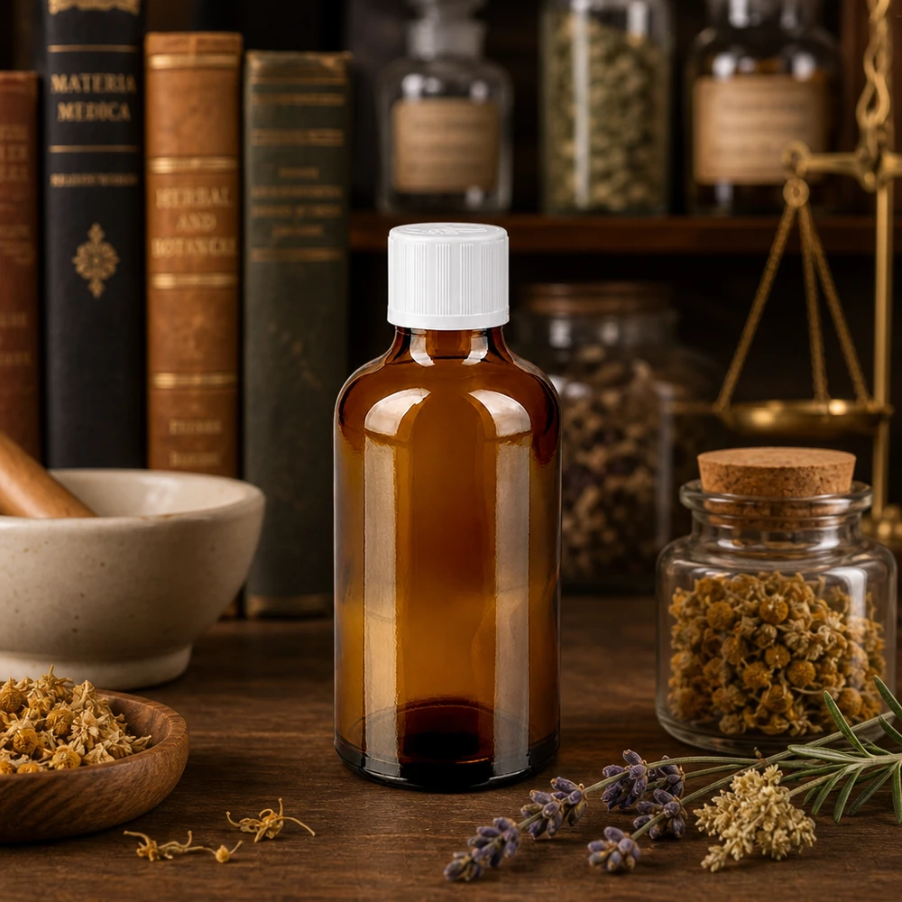 50ml Apothekerglasflasche in Braun mit Kindersicherheitsverschluss neben Mörser und Kräutergläsern
