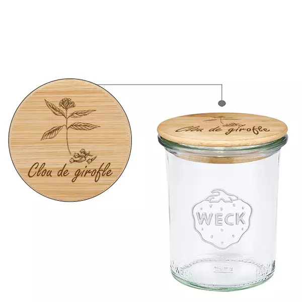 Couvercle en bois "Oeillets" avec WECK verre plongeant 160ml Couvercle en bois "Oeillets" avec WECK verre plongeant 160ml