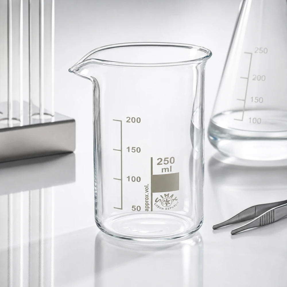 Kádinka 250ml z borosilikátového skla, vysoký tvar Becherglas 250ml hohe Form dickwandig aus Borosilikatglas mit Schnauze für sicheres Ausgießen