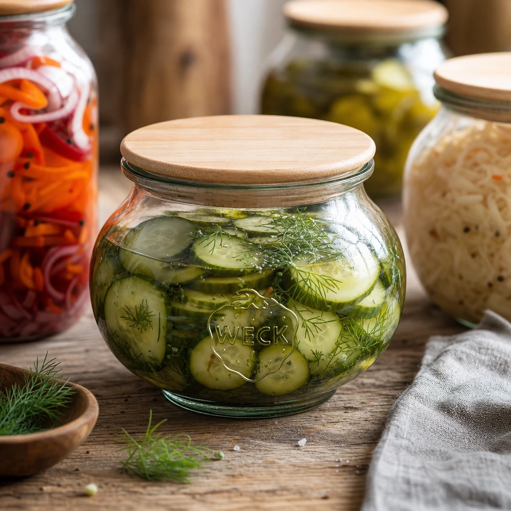 560ml dóza na šperky WECK RR80 s dřevěným víčkem WECK Schmuckglas 560ml RR80 mit Holzdeckel gefüllt mit eingelegten Gurken und Dill in rustikaler Fermentier-Küche