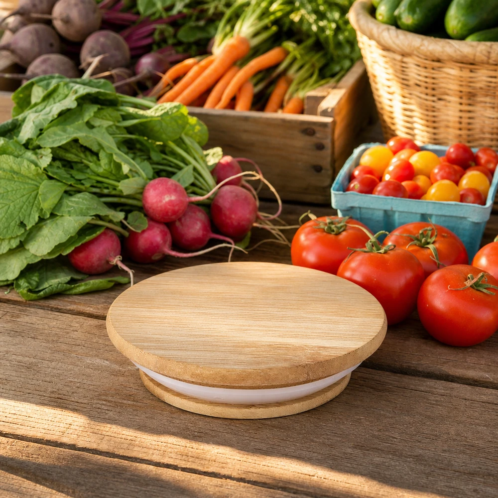 Holzdeckel WECK RR40 Eiche natur zwischen frischem Gemüse Tomaten Radieschen Karotten natürliche Küchenumgebung