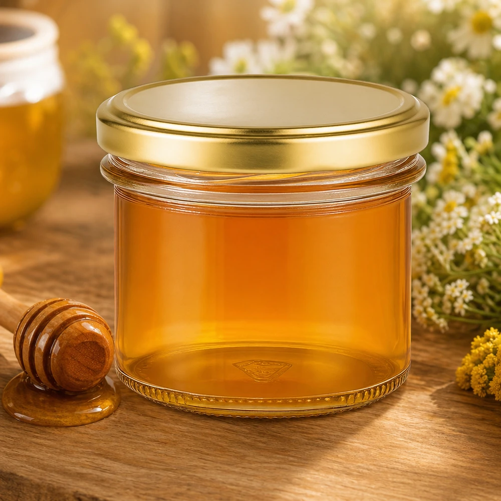 125ml kelímky s víčkem BasicSeal zlaté UNiTWIST 125ml Sturzglas gefüllt mit goldgelbem Honig neben Honiglöffel und Blumen - perfekt für Imkerei und Geschenke