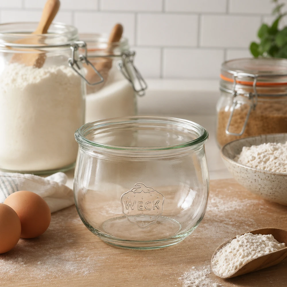 WECK Tulpenglas 580ml RR100 Einmachglas in Küche mit Mehl Eiern und Vorratsgläsern auf Holzarbeitsfläche