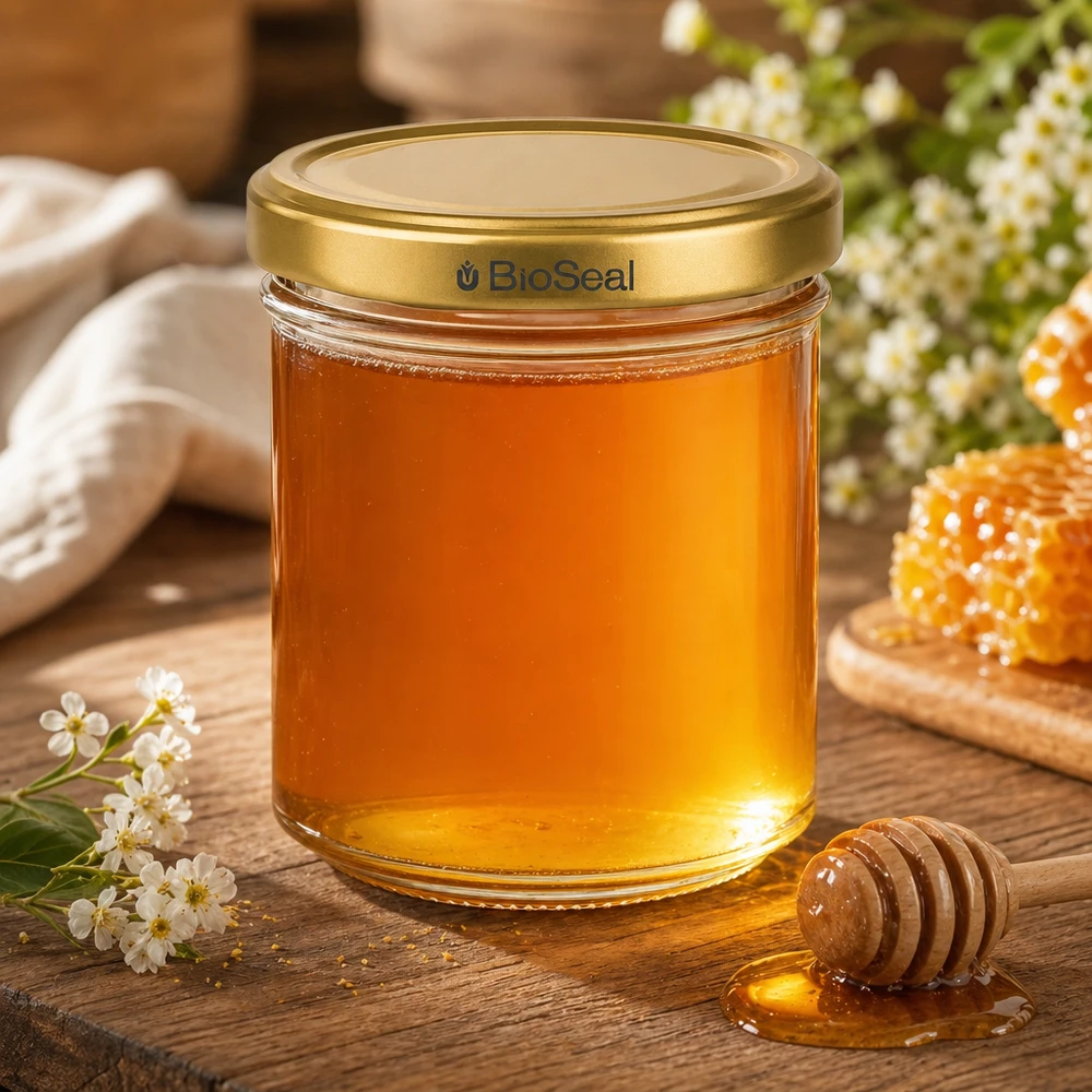 200g Honigglas mit goldenem Deckel BioSeal UNiTWIST BioSeal 200g Honigglas gefüllt mit goldenem Honig Honiglöffel Bienenwaben Blüten rustikale Holz Dekoration