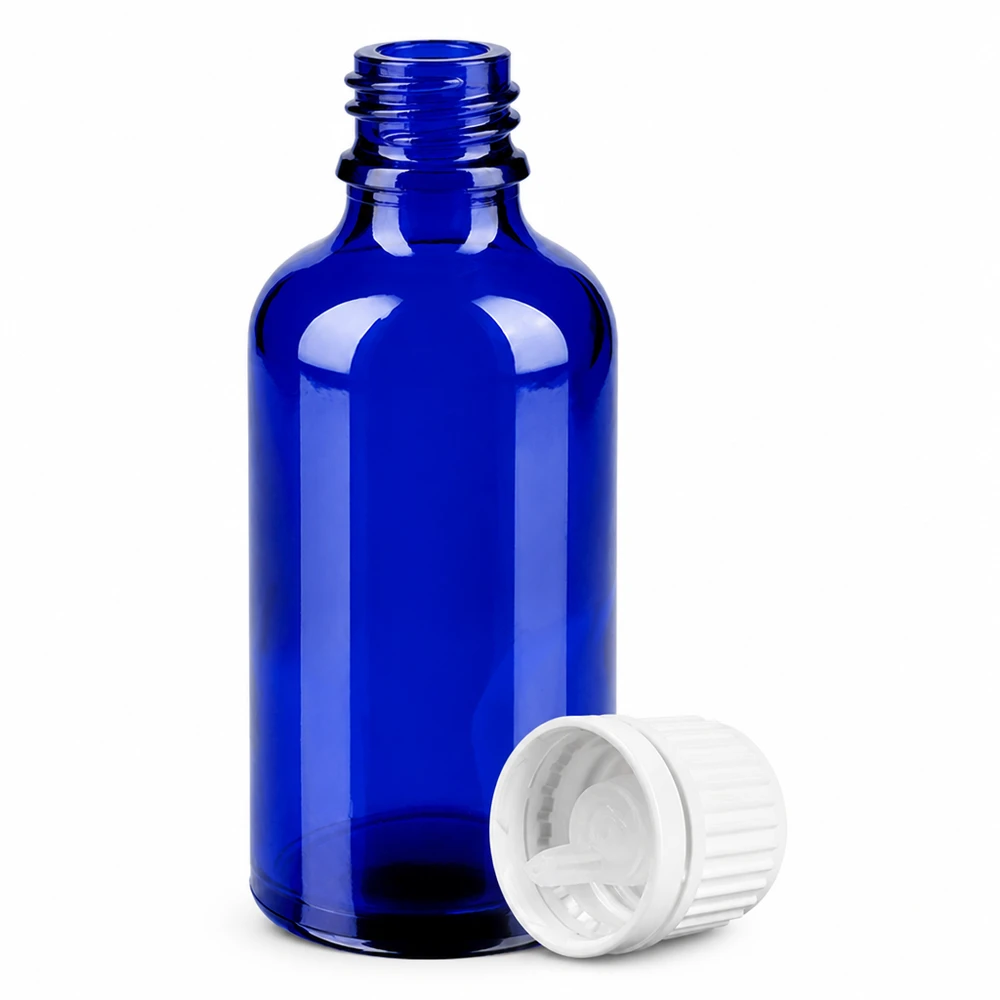 50ml lahvička s kapátkem 0,7 mm bílá s uzávěrem proti neoprávněné manipulaci BlueLine UT18/50. UV-schützende blaue 50ml Glasflasche mit weißem Schraubverschluss und Tropfeinsatz BlueLine
