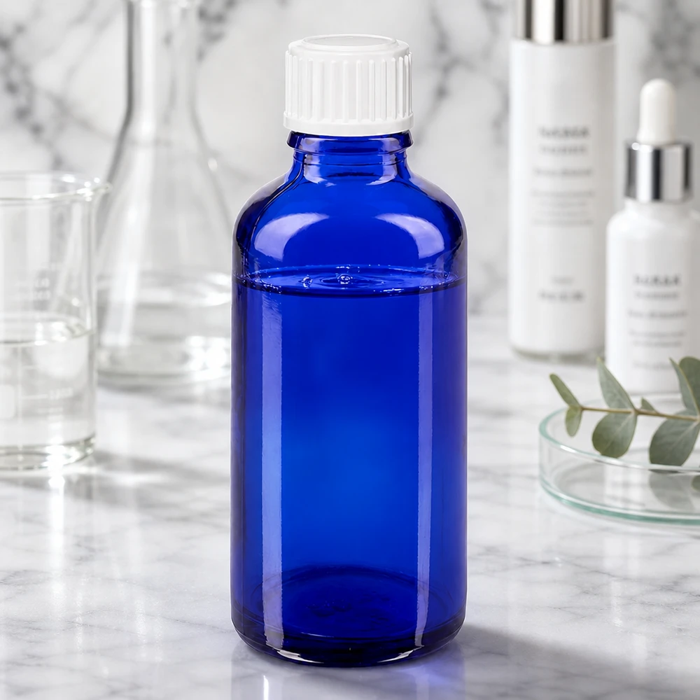 Apothekerflasche 50ml in Kobaltblau mit weißem Schraubdeckel vor elegantem Marmor-Hintergrund