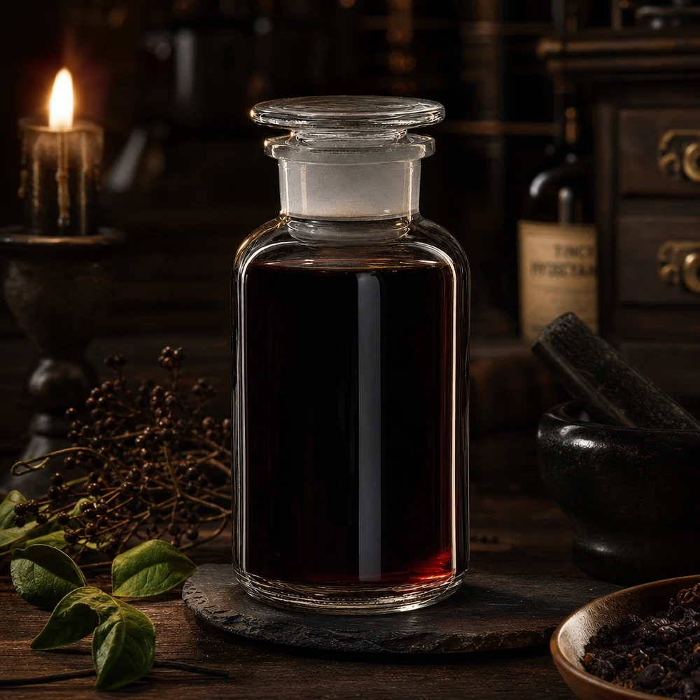 Láhev s kulatým ramenem 500ml čirá skleněná zátka se širokým hrdlem Klare Rundschulterflasche 500ml Glasstopfen neben Mortar Kräutern und alten Apothekengläsern