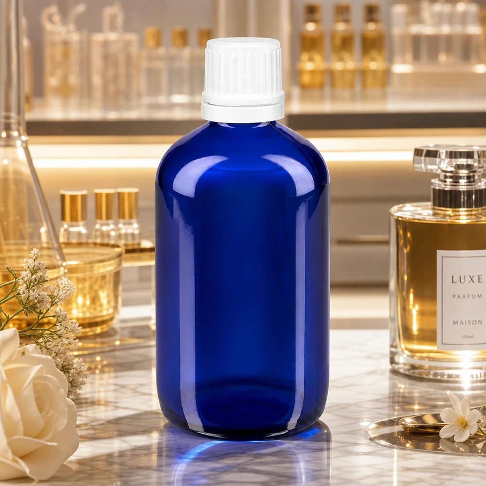Lékárenská láhev modrá 100ml se šroubovacím uzávěrem bílá s uzávěrem proti neoprávněné manipulaci. Blaue Glasflasche 100ml Apothekerformat mit weißem Originalitätsverschluss für ätherische Öle