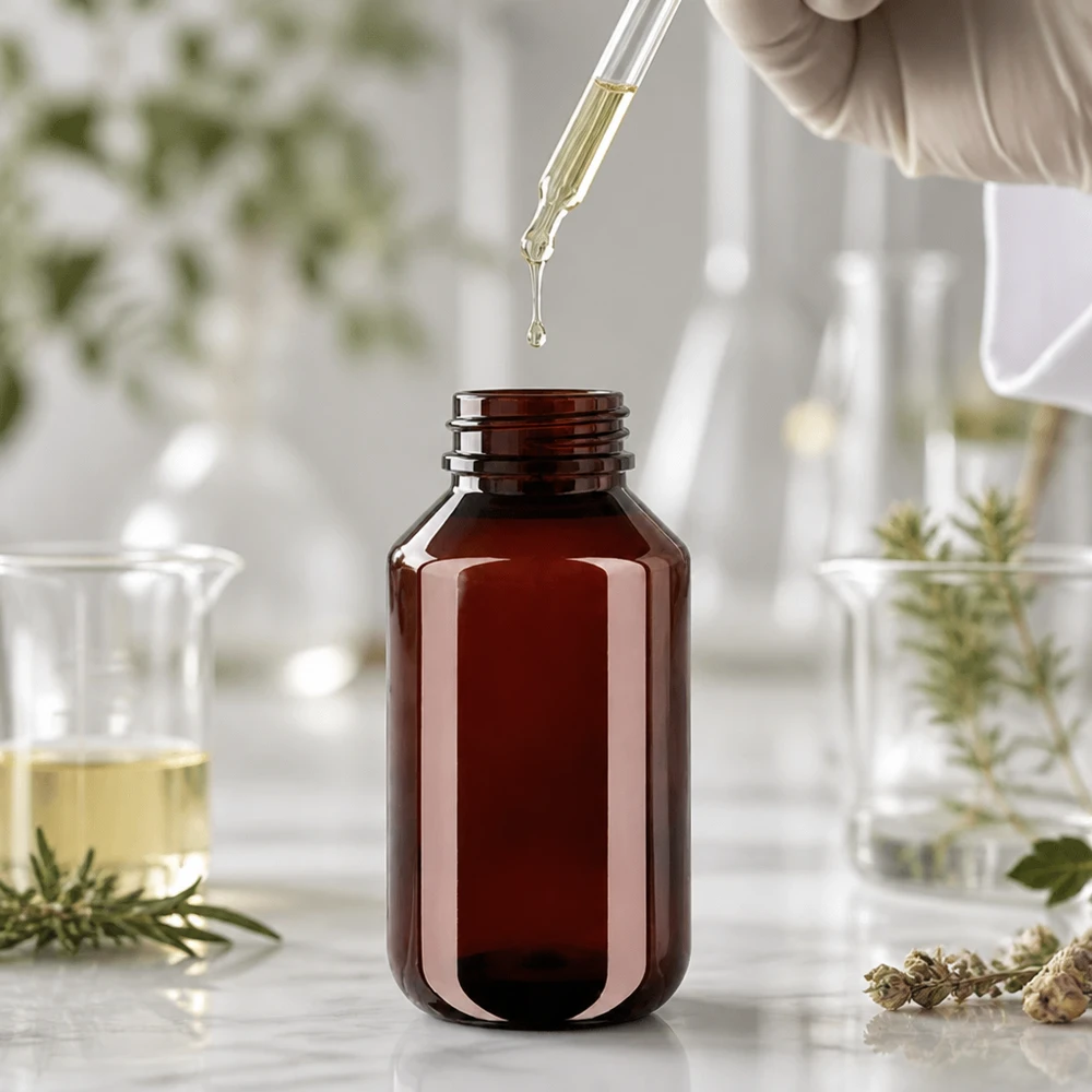 Hnědá PET láhev o objemu 100 ml s pipetou na pozadí moderní laboratoře a léčivých bylin