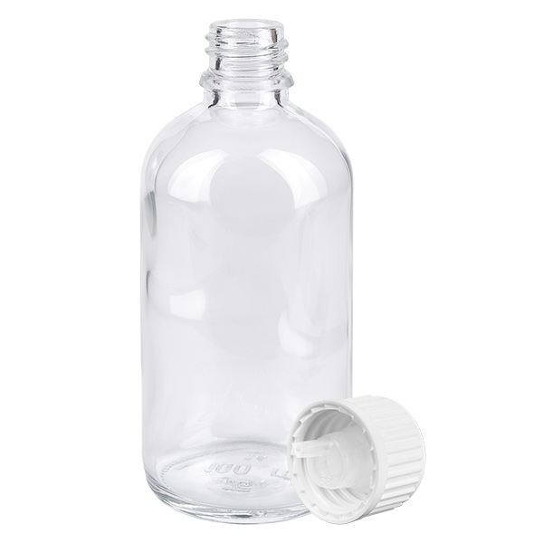 100ml lahvička s kapátkem 0,9 mm bílá standardní uzávěr ClearLine UT18/100 100ml Glasflasche ClearLine UT18 mit geripptem weißem Kinderschutzverschluss und 0.9mm Tropfer