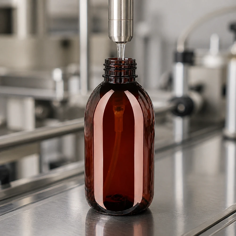 PET láhev 250ml s dávkovací pumpičkou bílá Hochglänzende braune 250ml PET Flasche mit Gewinde in pharmazeutischer Abfüllanlage aus Edelstahl