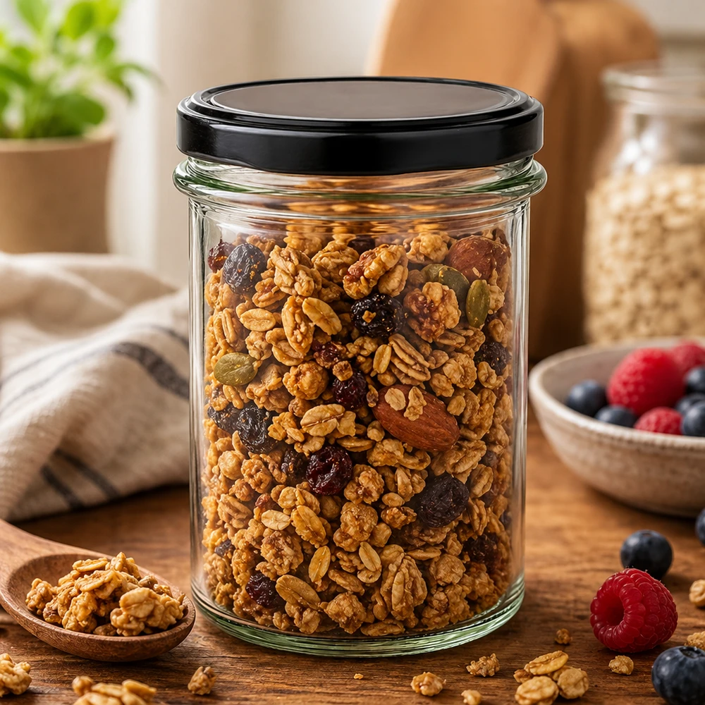 230ml tumblery s víčkem BasicSeal černé UNiTWIST. 230ml Sturzglas BasicSeal schwarz gefüllt mit Nuss-Mix Müsli zeigt vielseitige Aufbewahrung für Trockenfrüchte Snacks