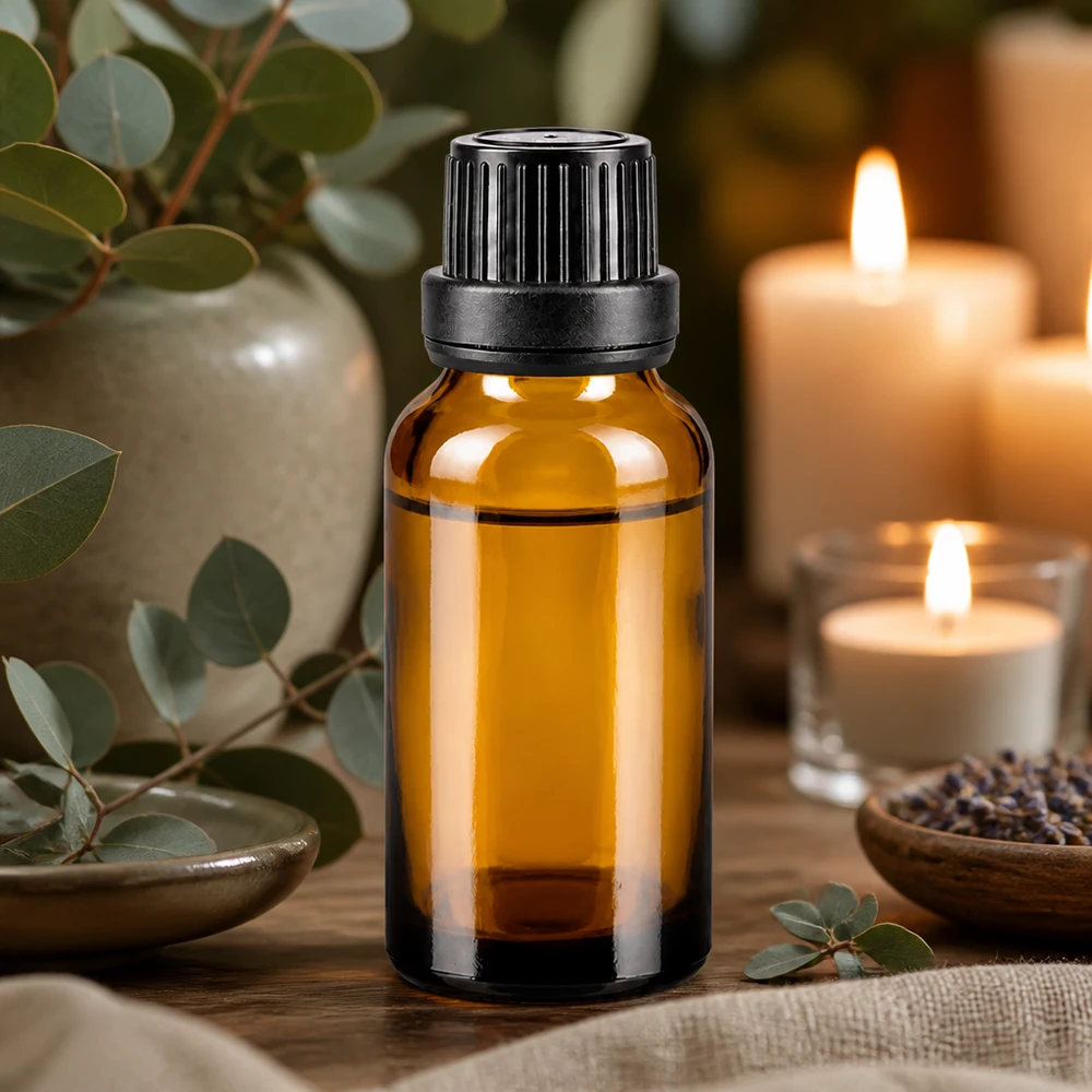 Lichtschutzflasche 20ml aus Apothekenglas mit 2mm Tropfeinsatz und schwarzem OV-Verschluss