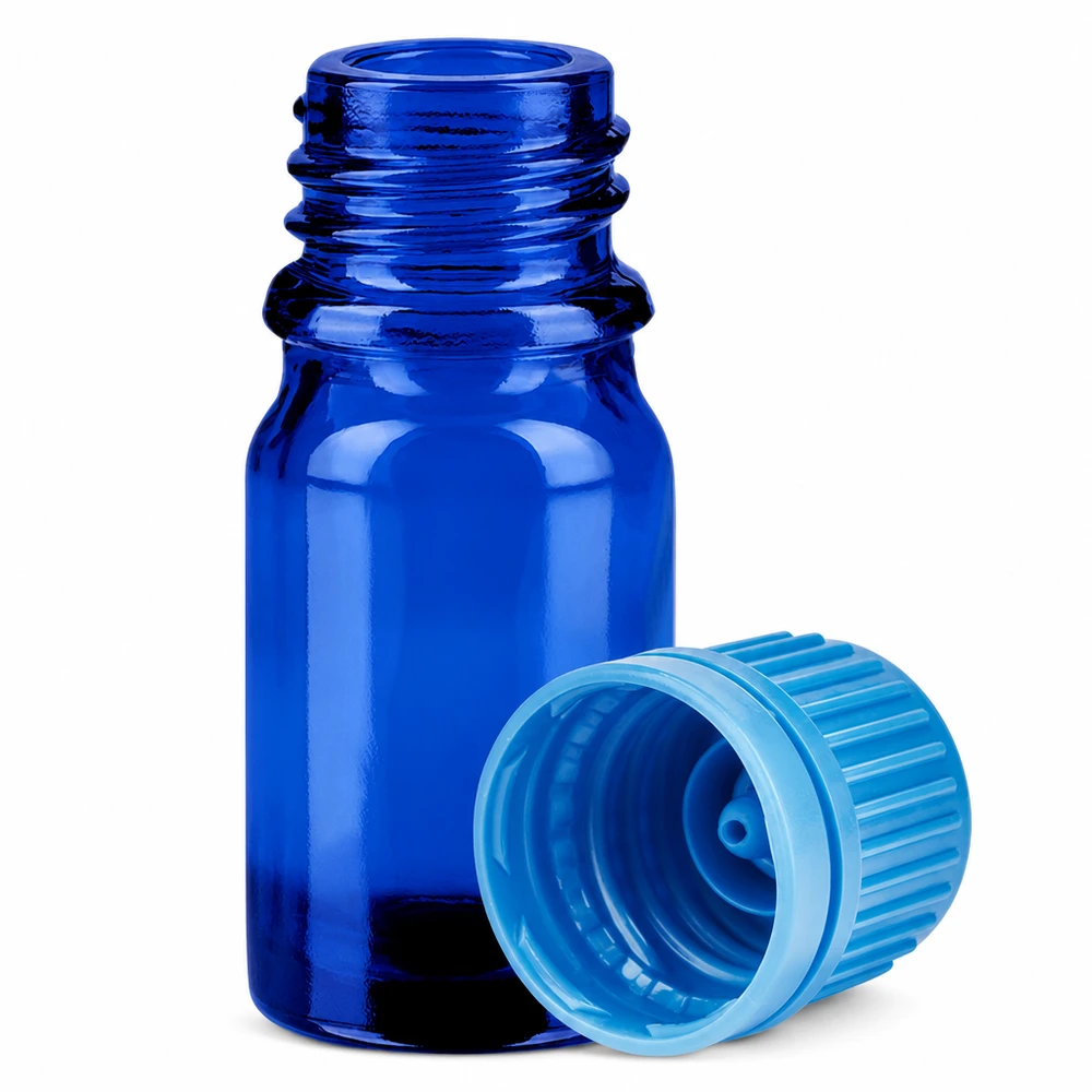 5ml lahvička 11mm šroubovací uzávěr modrý tamper-evidentní uzávěr BlueLine UT18/5 Professionelle 5ml Flasche SV blau mit Originalitätsverschluss für sichere Aufbewahrung