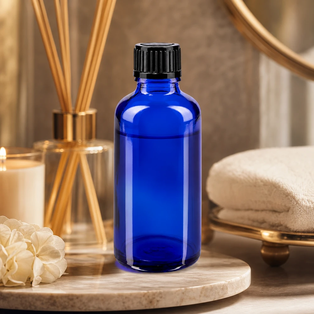 Lichtgeschützte 50ml Tropfflasche kobaltblau mit 1mm Öffnung für Kosmetik und Aromatherapie